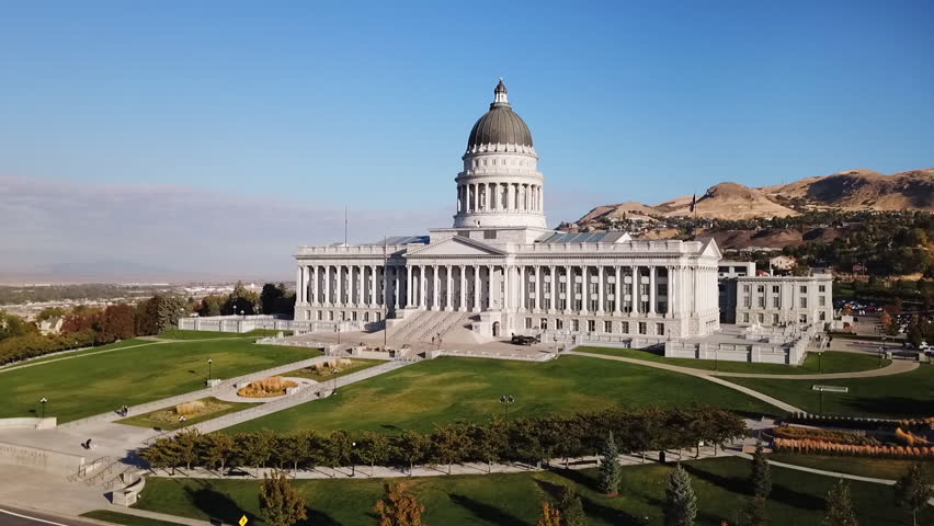 Aerial drone view of Utah State Capitol, Salt Lake City, Utah, October 2018.
