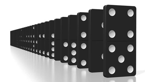 3D rendering - domino effect animation - falling black tiles with white dots, following camera.