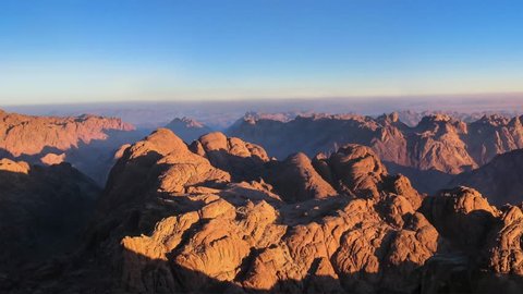 Panorama of Mount Sinai in Sinai Peninsula of Egypt. Dawn of the holy summit of Mount Sinai, Aka Jebel Musa, know also as Mount of Ten Commandments or Mount of Moses.