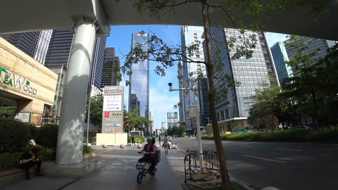 SHENZHEN, CHINA - CIRCA NOVEMBER 2018 : View of OFFICE BUILDINGS around FUTIAN CENTRAL BUSINESS DISTRICT.  Around SHOPPING PARK metro station.