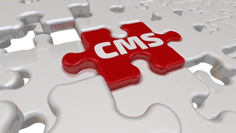 CMS. The inscription on the missing element of the puzzle. Folding white puzzles elements and one red with the word CMS (Content Management System). Footage video