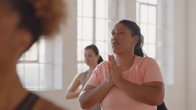 yoga class young overweight woman exercising healthy lifestyle practicing warrior pose enjoying weight loss fitness workout in studio at sunrise - Powered by Shutterstock - Get 15% off with code: PIKWIZARD15