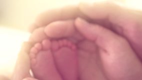 Baby feet in mother and father hands. Tiny Newborn Baby's feet on hands closeup. Mom, dad and Child. Healthy and Happy Family concept. Beautiful video of Parenthood, adoption 