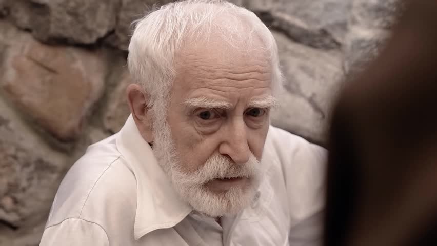 Angry NKVD soldier interrogates a miserable, bearded, gray-haired old man on the street, a soldier mocks his grandfather, tortures of the NKVD, the old man fears for his life, wartime