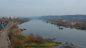 aerial video of passing the river Soroca, Moldova 