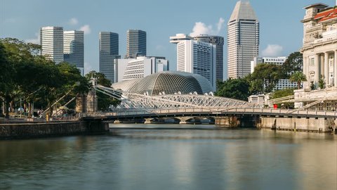 SINGAPORE - MAY 2018: Timelapse Of Singapore River Esplanade Singapore Asia. ProRes 422 in 4k