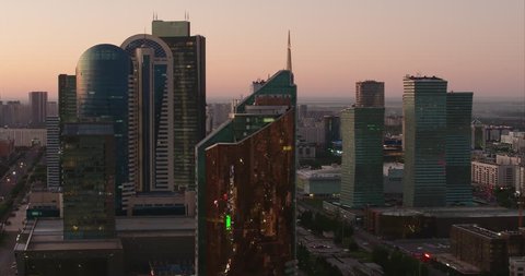 Astana, Kazakhstan - July 5, 2018: City centre aerial view at sunrise