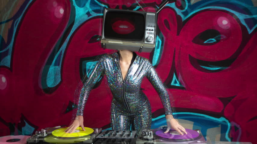 Tv head woman djing in front of the word love graffiti painted on a wall. the frames are overlapped to make a hypnotic effect | Shutterstock HD Video #1021589005