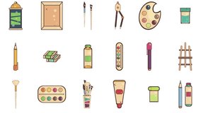 animation of objects with images on a theme of drawing tools.