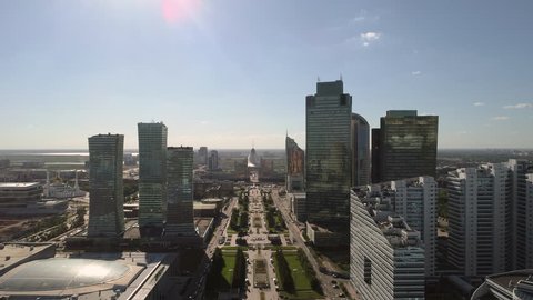 Astana, Kazakhstan - July 13, 2018: Aerial view of city center with modern skyscrapers and high tech buildings