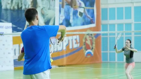 Russia, Novosibirsk, December 29, 2018. Athletes train in indoor badminton courts
