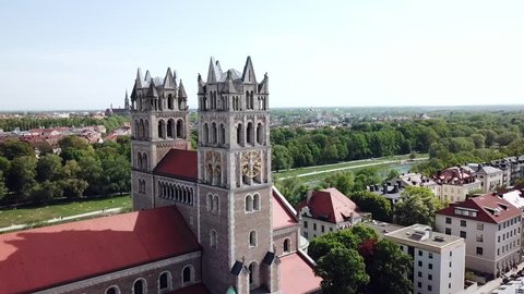 Aerial drone view around St. Maximilian church in Munich, Bavaria, Germany