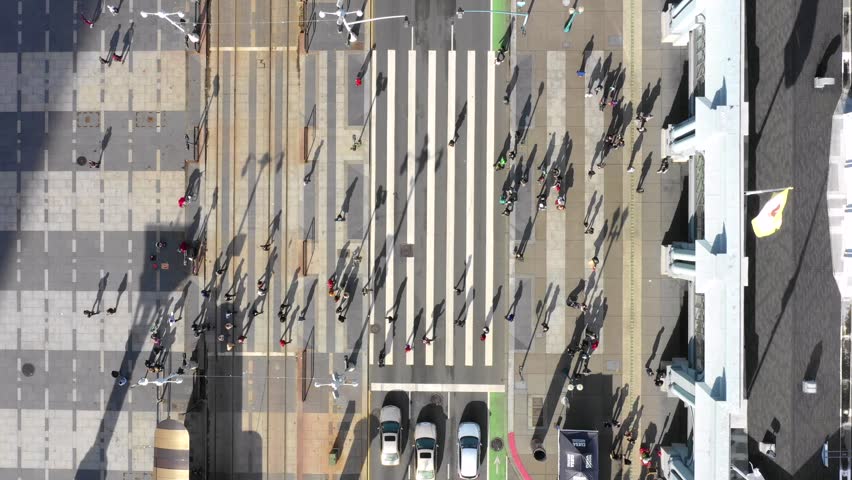 Birds Eye View of Busy Street / Crosswalk Intersection (San Francisco) | Shutterstock HD Video #1021606024