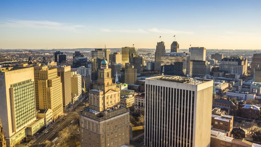Drone hyperlapse footage of Newark, NJ downtown on a sunny afternoon.