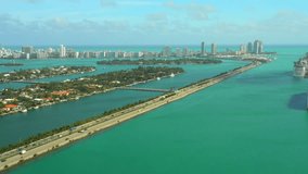 Aerial Miami scene Port bridge water beach view
