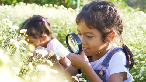 Close-up shot of beauty girl using magnifying glass in floral field. Concept of self learning trips lifestyle in springtime.
