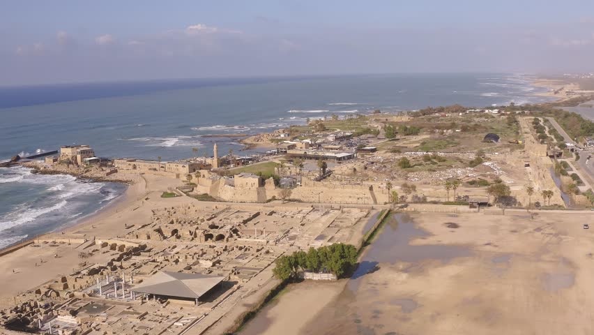 Caesaria ruins in Israel, 4k aerial