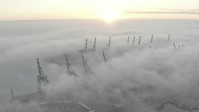 Mist at industrial port of Haifa aerial 4k footage ungraded/flat