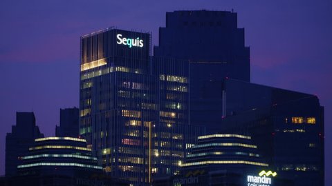 Jakarta, Indonesia - Dec 12, 2018 : Sequis Centre Tower is a 210 meters tall skyscraper at Sudirman Central Business District, South Jakarta, Indonesia. This is a LEED platinum building.