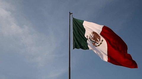 Mexican flag blowing in the wind,blue sky background,waving flag