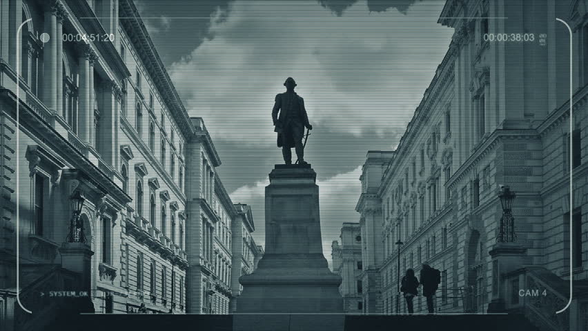 CCTV People Walk Up Steps By Classical Buildings