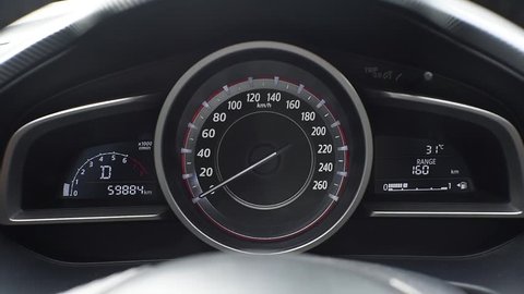 Sporty Car Speedometer Dashboard Instruments. Rounds Per Minute Display. Modern Vehicle Dash Informations.