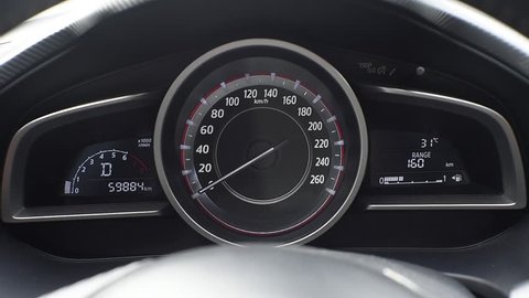 Sporty Car Speedometer Dashboard Instruments. Rounds Per Minute Display. Modern Vehicle Dash Informations.