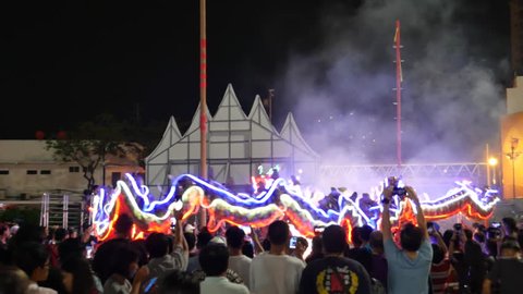 Bangkok, Thailand-December 28, 2018: Lighted Dragon Dance/Chinese Dragon perform in Bangkok. 