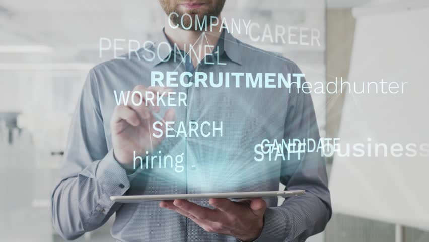 recruitment, business, headhunter, hiring, candidate word cloud made as hologram used on tablet by bearded man, also used animated career company worker search word as background in uhd 4k 3840 2160