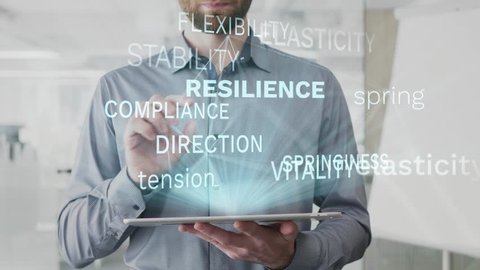 resilience, elasticity, spring, tension, physics word cloud made as hologram used on tablet by bearded man, also used animated flexibility compliance direction stability word as background in uhd 4k