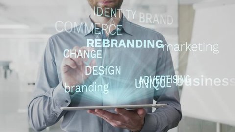 rebranding, business, marketing, branding, advertising word cloud made as hologram used on tablet by bearded man, also used animated brand identity change design word as background in uhd 4k 3840 2160