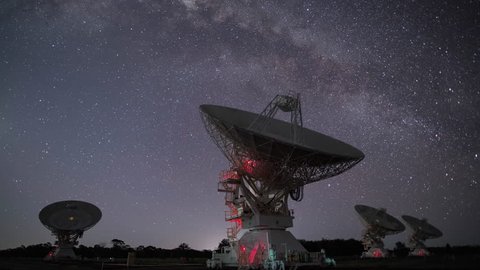 Radio Telescopes Moving in Sync While the Milky Way Creating Beautiful Trails in the Sky