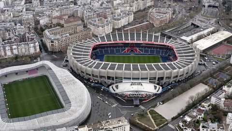 DECEMBER 25, 2018, Paris, France : Aerial View of Le Parc des Princes stadium for soccer team Paris Saint-Germain and Stade Jean Bouin home of the Stade Francais rugby team in Paris, France