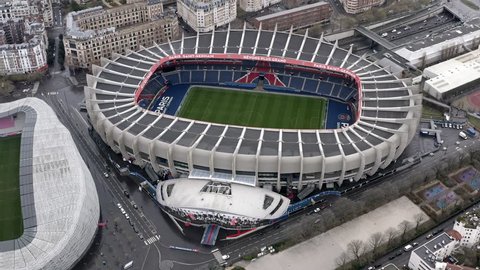 DECEMBER 25, 2018, Paris, France : Aerial View of Le Parc des Princes stadium for soccer team Paris Saint-Germain football club with Birds Eye High Angle View inside the green pitch in Paris, France