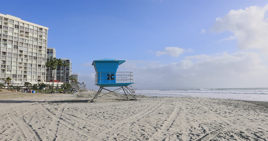 Beach sand Life guard stand resorts Coronado Beach San Diego California. Near historic beachfront hotel. Vacation and resort destination southern USA. 