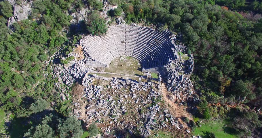 aerial drone footage of amphitheater of pinara antic city from lycian greek and byzantine times oh history