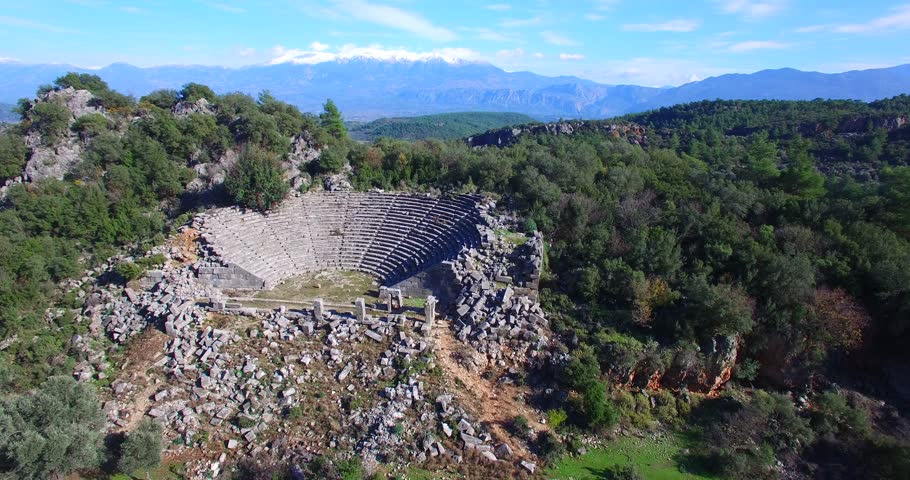 aerial drone footage of amphitheater of pinara antic city from lycian greek and byzantine times oh history