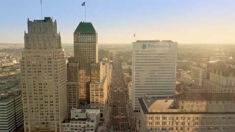 NEWARK, NJ - DECEMBER 23, 2018: Drone footage with pullback camera movement along Central Avenue. Newark is the most populous city in NJ and one of the nation's major air, shipping, and rail hubs.
