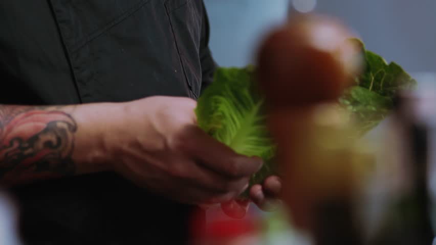 Shot of man chef hold cook shares the cabbage cutting salad vegetarian preparation diet food fresh kitchen ingredient vegetable slice vegan slow motion close up Royalty-Free Stock Footage #1021644622