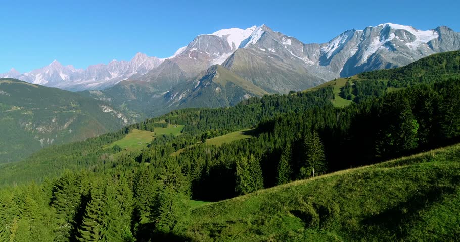 Mountain range of the Alps, with the peak of Mont Blanc, aerial view France