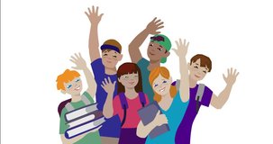 Animation of of group of teenagers waving to camera.