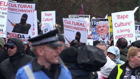 Birmingham, United Kingdom (UK) - 02 06 2016: Far right protestors march with “Trump is right” placards