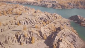 A futuristic autumn lake on another planet. Aerial video footage.