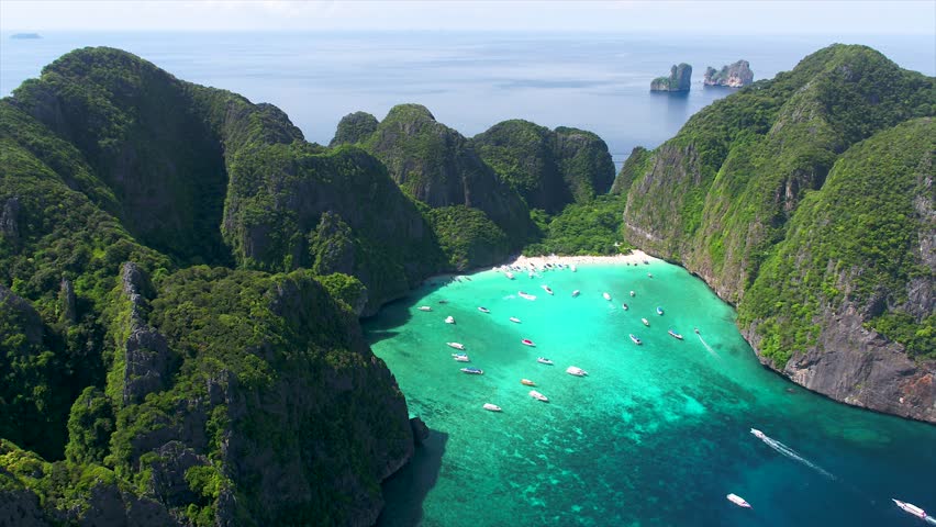 Aerial view of iconic tropical Maya Bay,Phi Phi islands, Thailand Royalty-Free Stock Footage #1021669735