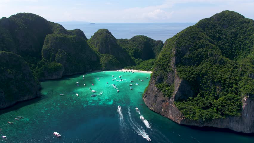 Aerial view of iconic tropical Maya Bay,Phi Phi islands, Thailand Royalty-Free Stock Footage #1021669753