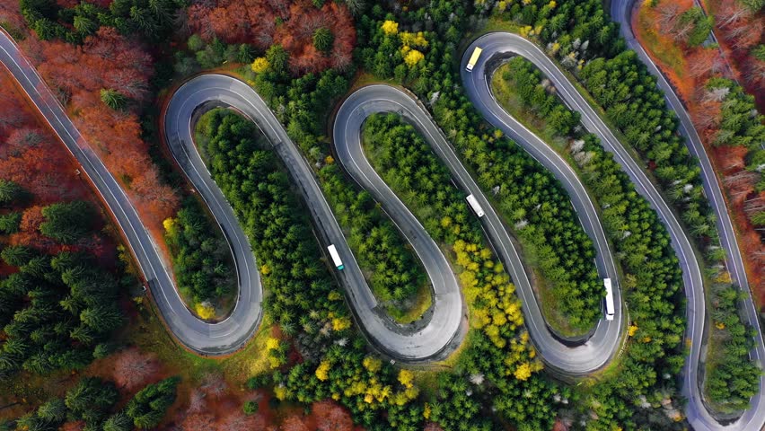 Curved road trough the colorful autumn forest; pass in Transylvania Romania, aerial view from drone | Shutterstock HD Video #1021690219