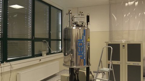 OLOMOUC, CZECH REPUBLIC, SEPTEMBER 28, 2018: Nuclear magnetic resonance NMR spectrometers for structural analysis genetic proton, proteins molecules, broadband observed probe work