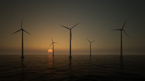 wind turbines on the rising sun background