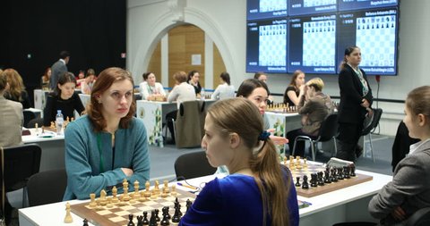 ST. PETERSBURG, RUSSIA - DECEMBER 27, 2018: Women compete during second day of King Salman World Rapid Championship 2018 Woman Open. 124 athletes take part in the competition