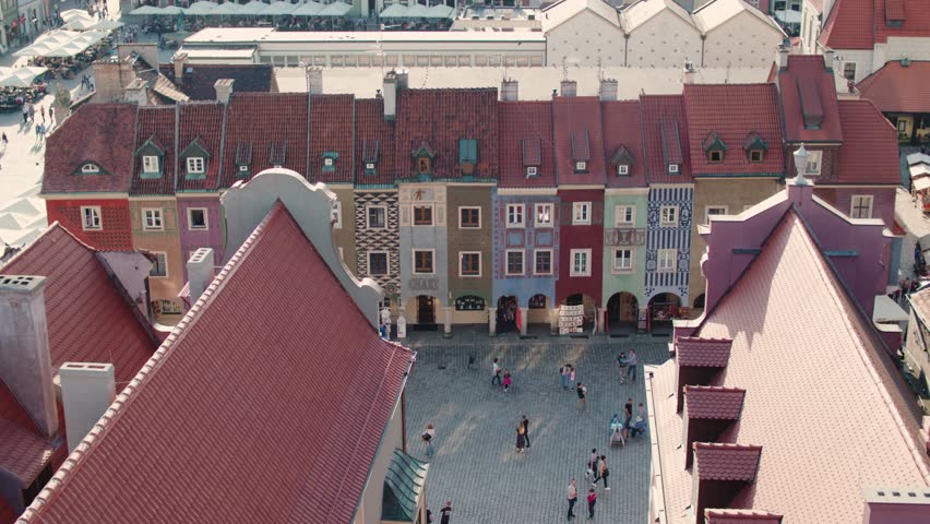 Poznan city center. Old town of Poznan. Old market square. Cinematic view of Poznan